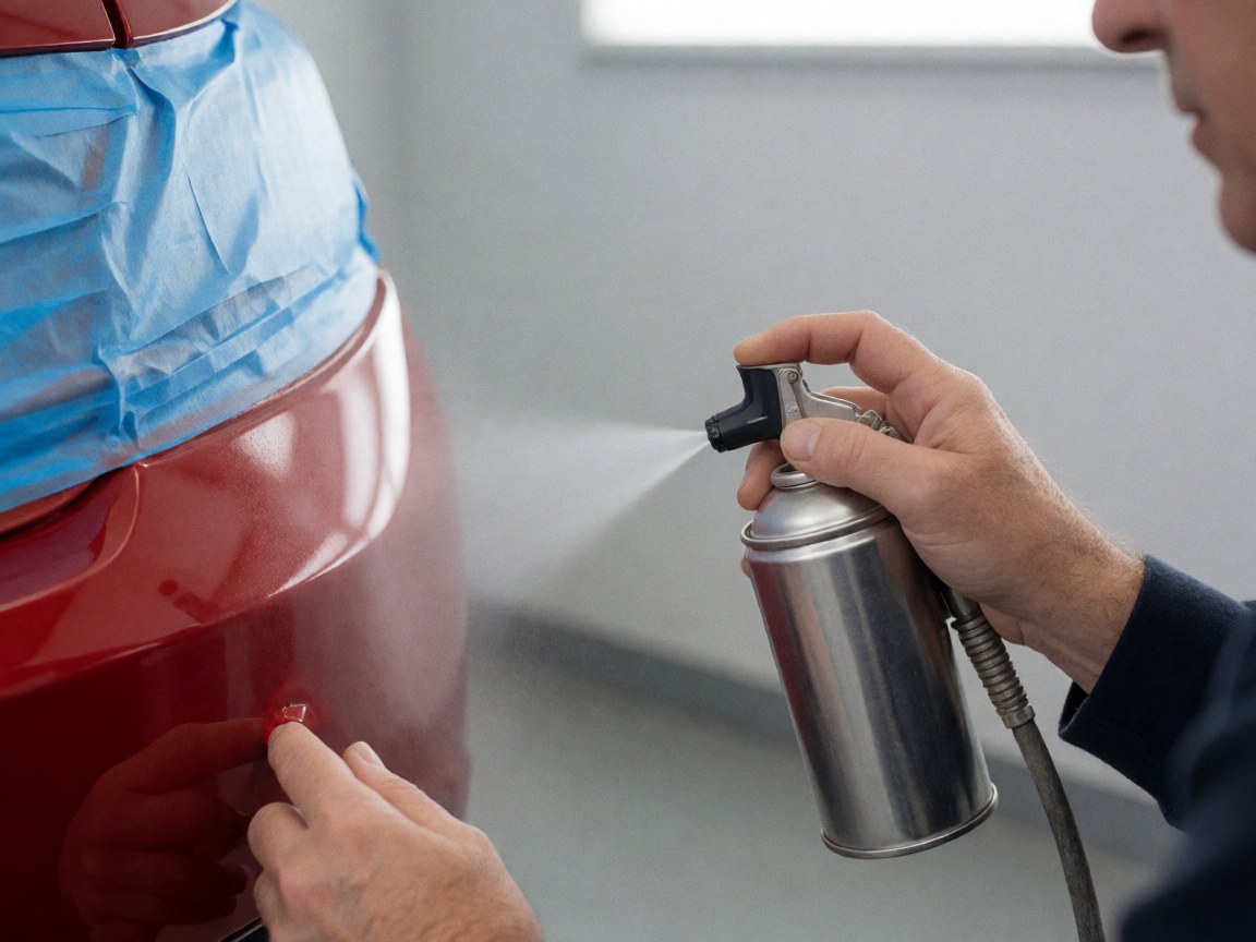 Close-up of a hand spraying protective coating on a red car bumper detail with blue tape in a workshop