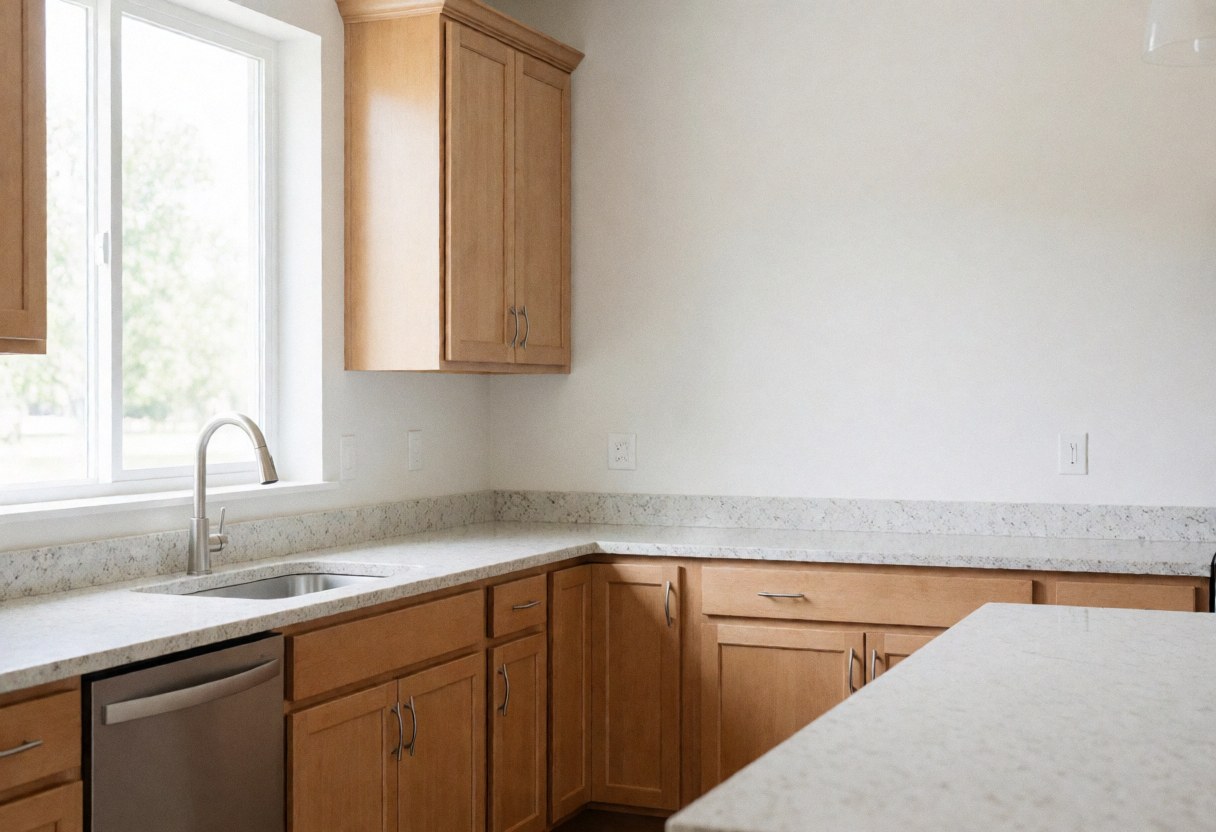 Open modern kitchen featuring light wood cabinets, white granite countertop, large window with natural light, and white walls.