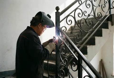 A welder tacks a wrought iron spiral railing while wearing protective gear and using natural light.