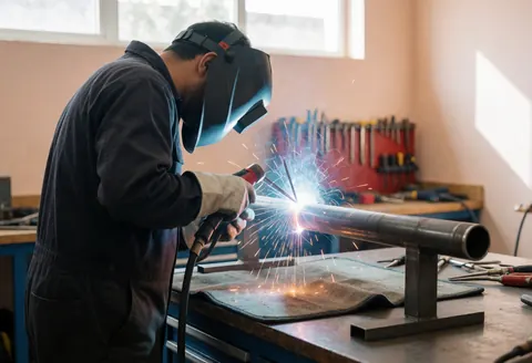 Professional welder using MIG equipment on a steel pipe, sparks flying in an organized workshop setting