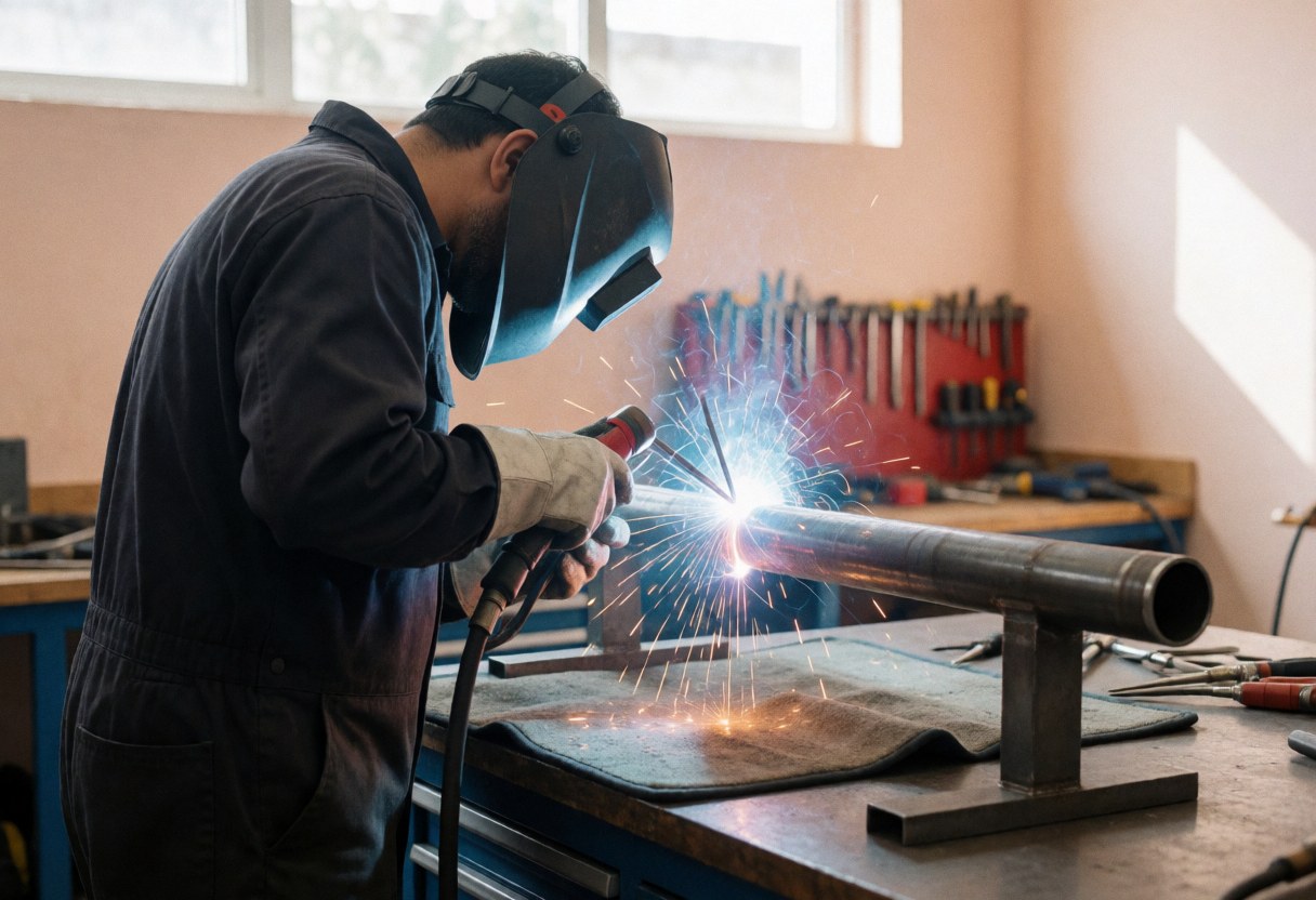 Professional welder using MIG equipment on a steel pipe, sparks flying in an organized workshop setting