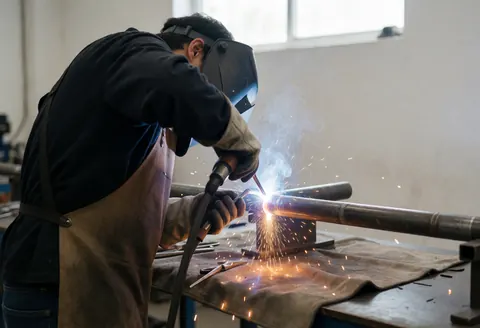 Welder wearing protective gear performing electric arc welding on a metal pipe with sparks falling onto a cloth in an industrial workshop setting