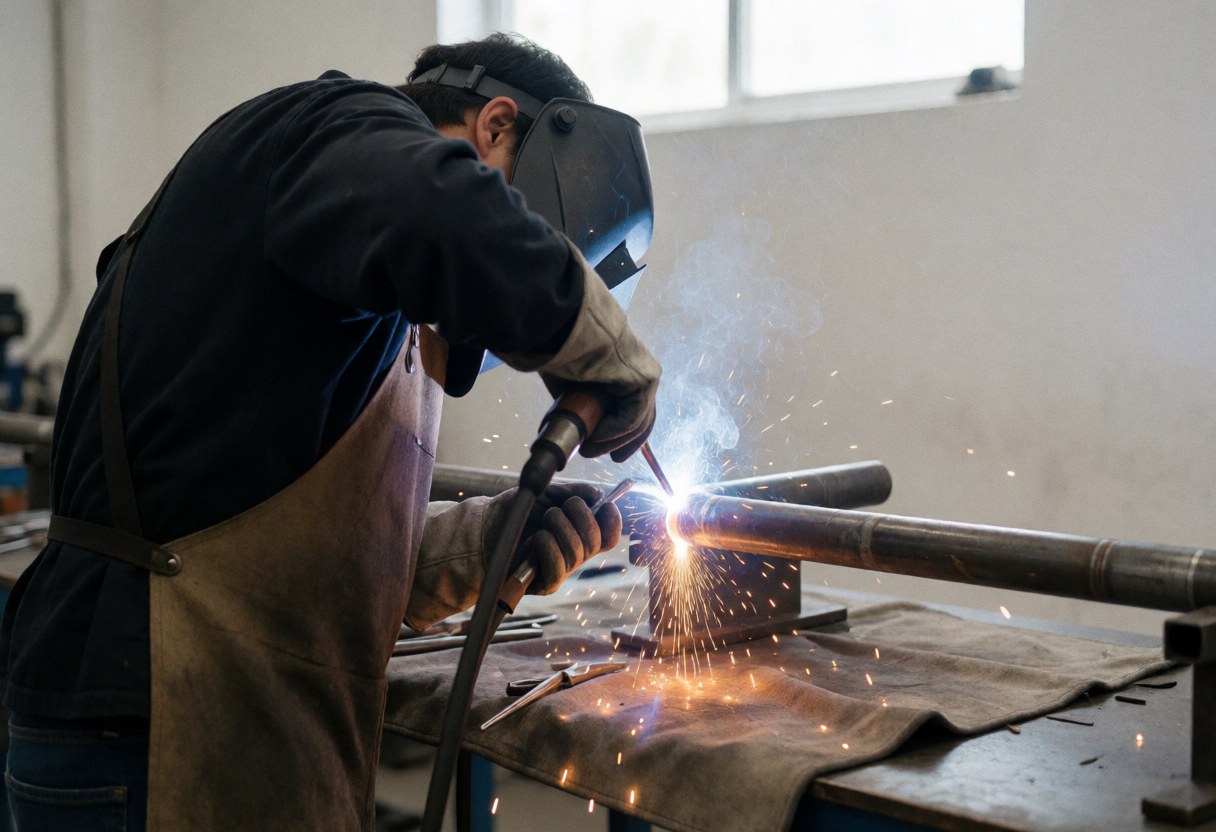 Welder wearing protective gear performing electric arc welding on a metal pipe with sparks falling onto a cloth in an industrial workshop setting