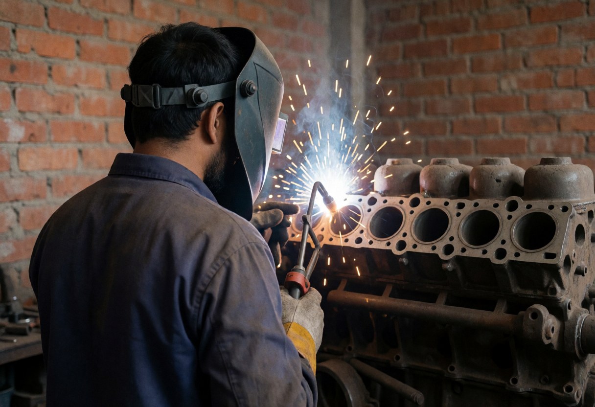 Welder wearing protective helmet repairing an engine block in a workshop with red brick walls and visible tools