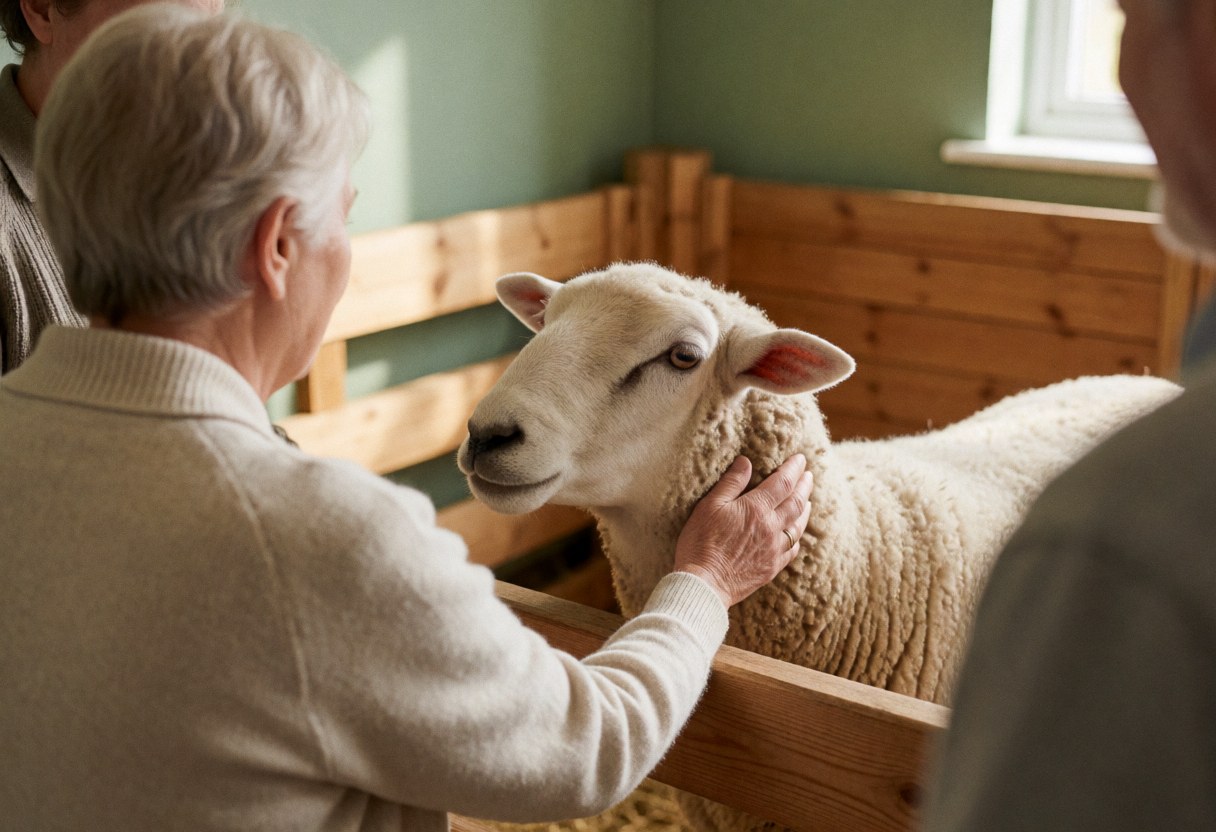 A senior individual with white hair gently strokes a white lamb's neck inside a wooden enclosure with green walls and natural light.