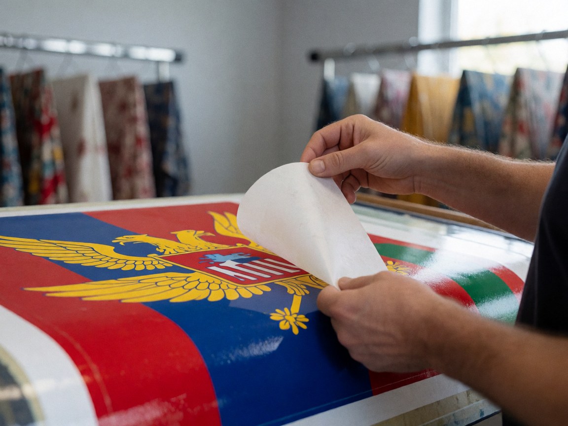 Close-up of a hand peeling transfer paper from a vibrant printed flag in a workshop setting