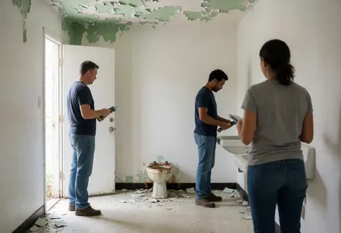 Three installers examine a ruined bathroom with white walls, peeling ceiling paint, and a rusty toilet, illuminated by natural light from an open door.