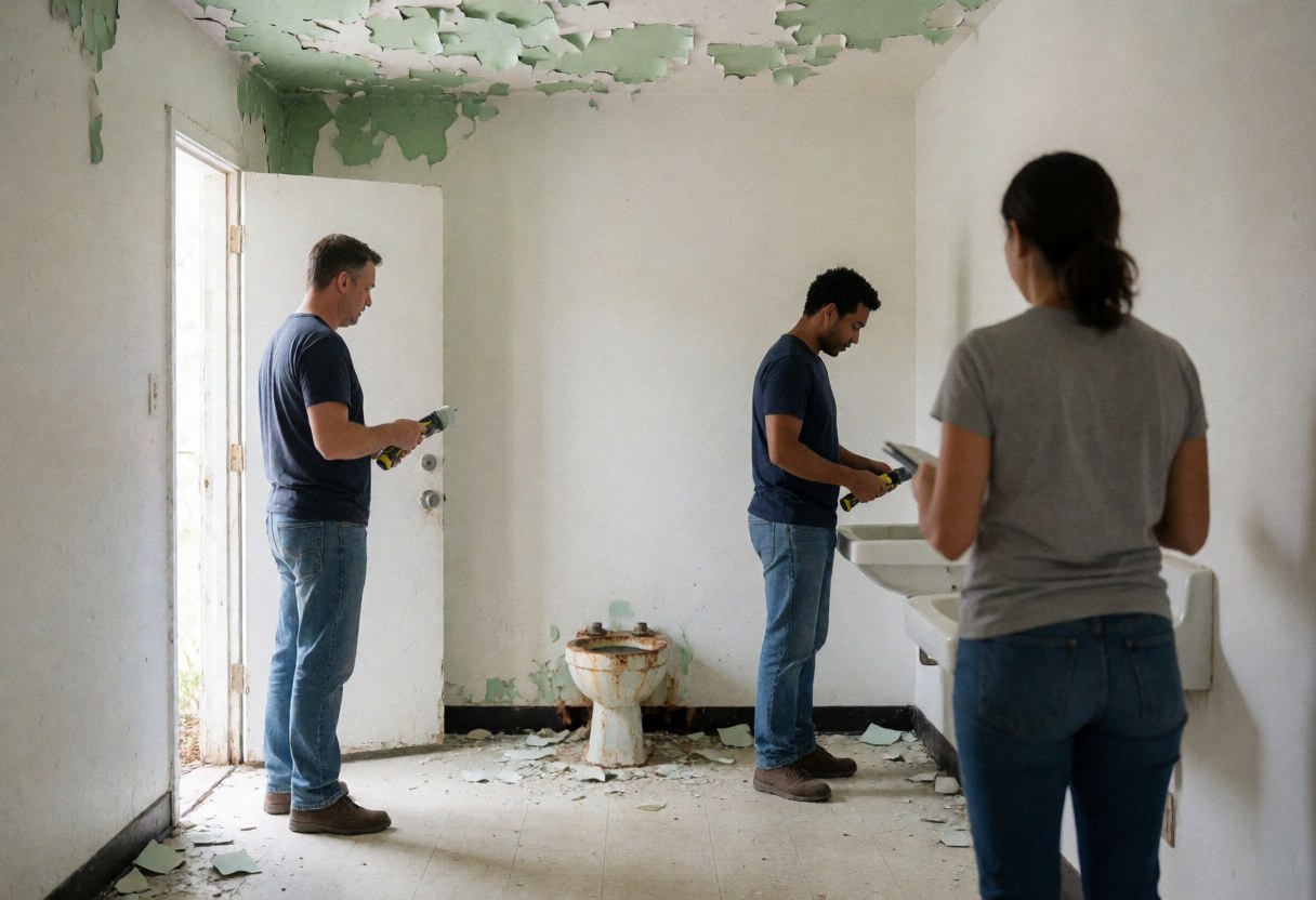 Three installers examine a ruined bathroom with white walls, peeling ceiling paint, and a rusty toilet, illuminated by natural light from an open door.