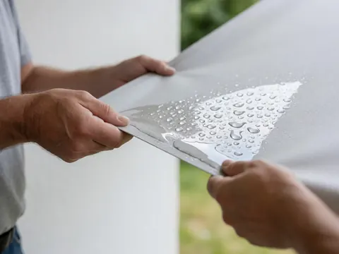 Close-up of water droplets beading on gray awning fabric, highlighting hydrophobic coating and outdoor protection details