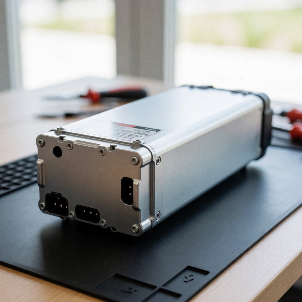 Disassembled electric bicycle battery with visible connectors placed on a black anti-static mat, with repair tools in the blurred background.