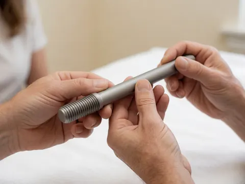 Close-up of adult hands holding a threaded titanium bar against a soft white background, highlighting the medical-grade material used in piercing studios.