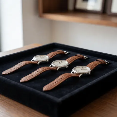 Three wristwatches with brown leather straps displayed on a black velvet tray atop a wooden table with a white wall background