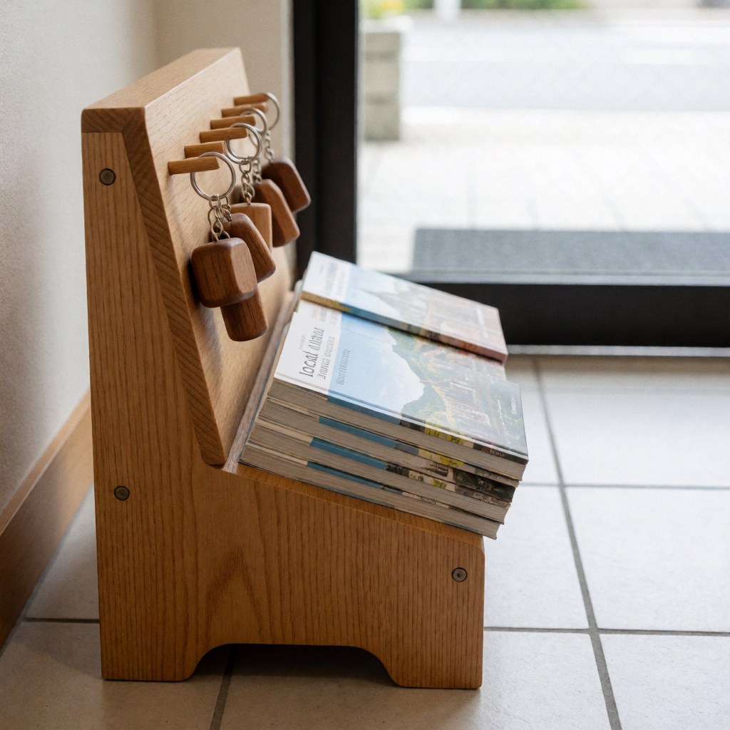 Wooden table holding keychains and tourist guides near the entrance of a hostel with tiled flooring and natural light