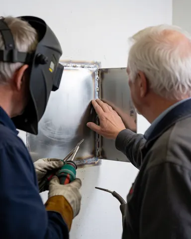 Two men inspect a metal weld joint; one wears a welding helmet and gloves while the other touches the metal against a white wall.
