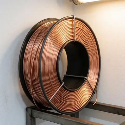 Copper MIG wire spool on metal rack in industrial workshop with white walls and warm lighting