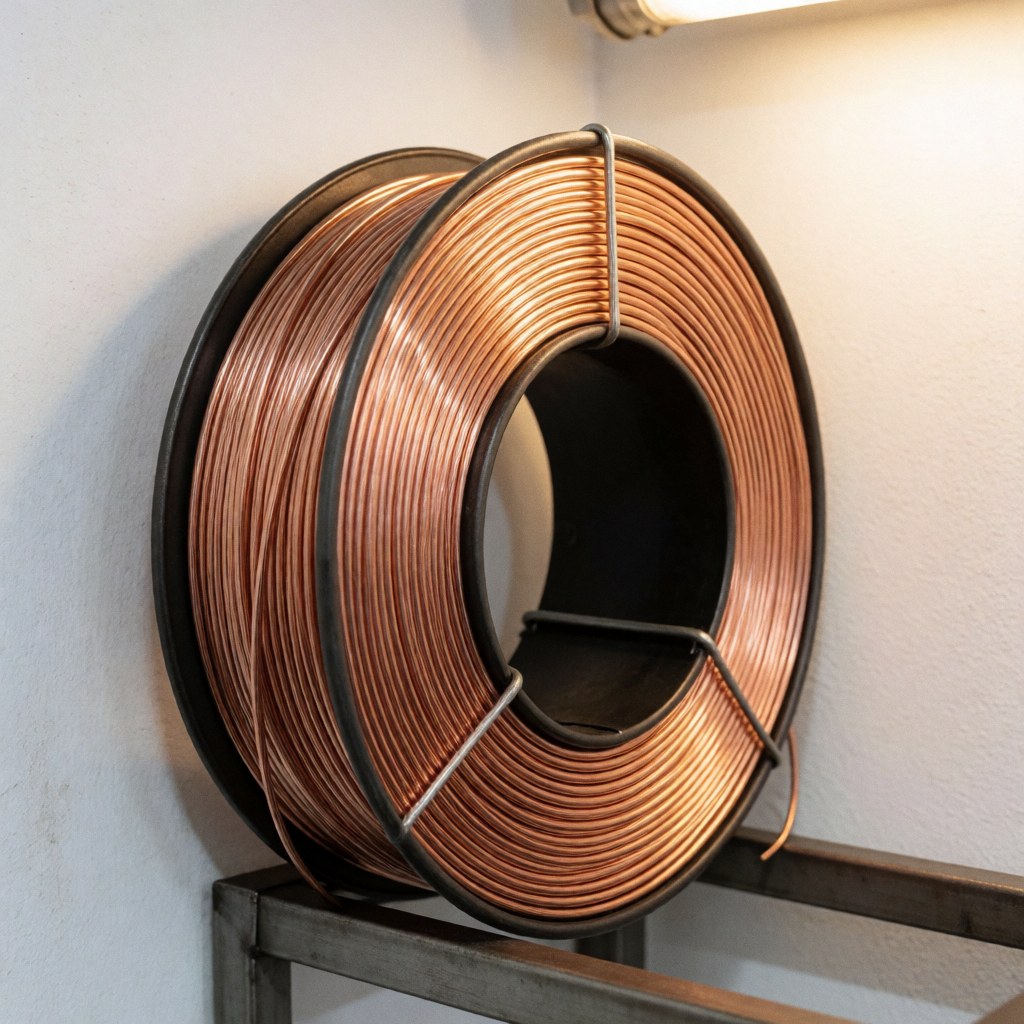 Copper MIG wire spool on metal rack in industrial workshop with white walls and warm lighting