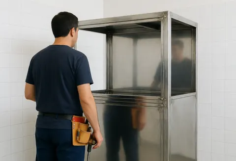 Back view of a welder with a tool belt standing next to a polished metal structure in a workshop with white tiled walls.