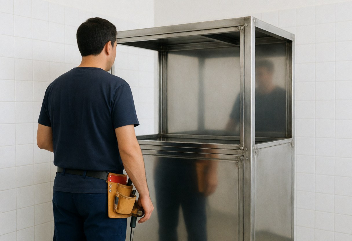 Back view of a welder with a tool belt standing next to a polished metal structure in a workshop with white tiled walls.