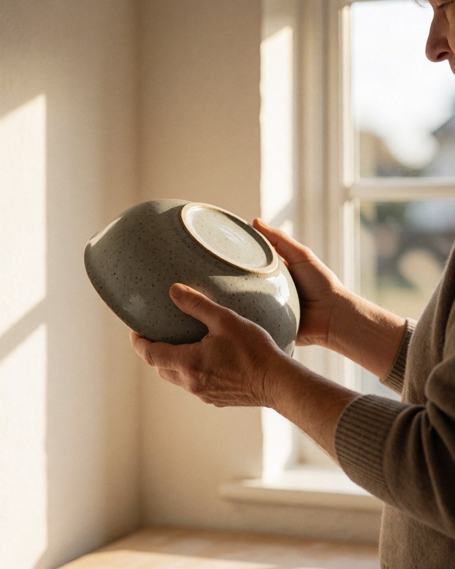 Adult customer holding a gray speckled ceramic bowl near a window with warm sunlight in a pottery studio