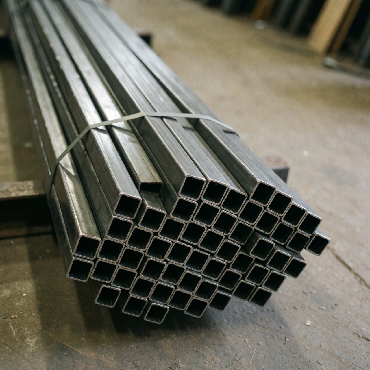 Bundle of square hollow steel tubes tied with tape on an industrial concrete workshop floor
