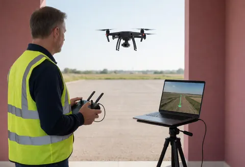 Technician flying a drone using a controller and laptop on a tripod in an open field under a clear sky