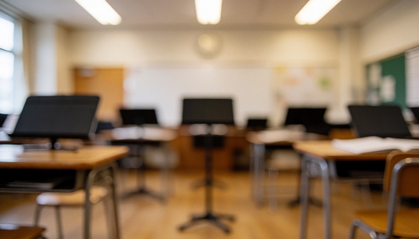 Blurred music classroom background featuring wooden desks, music stands, and hardwood flooring, illuminated by natural and artificial light, ideal for text overlay.