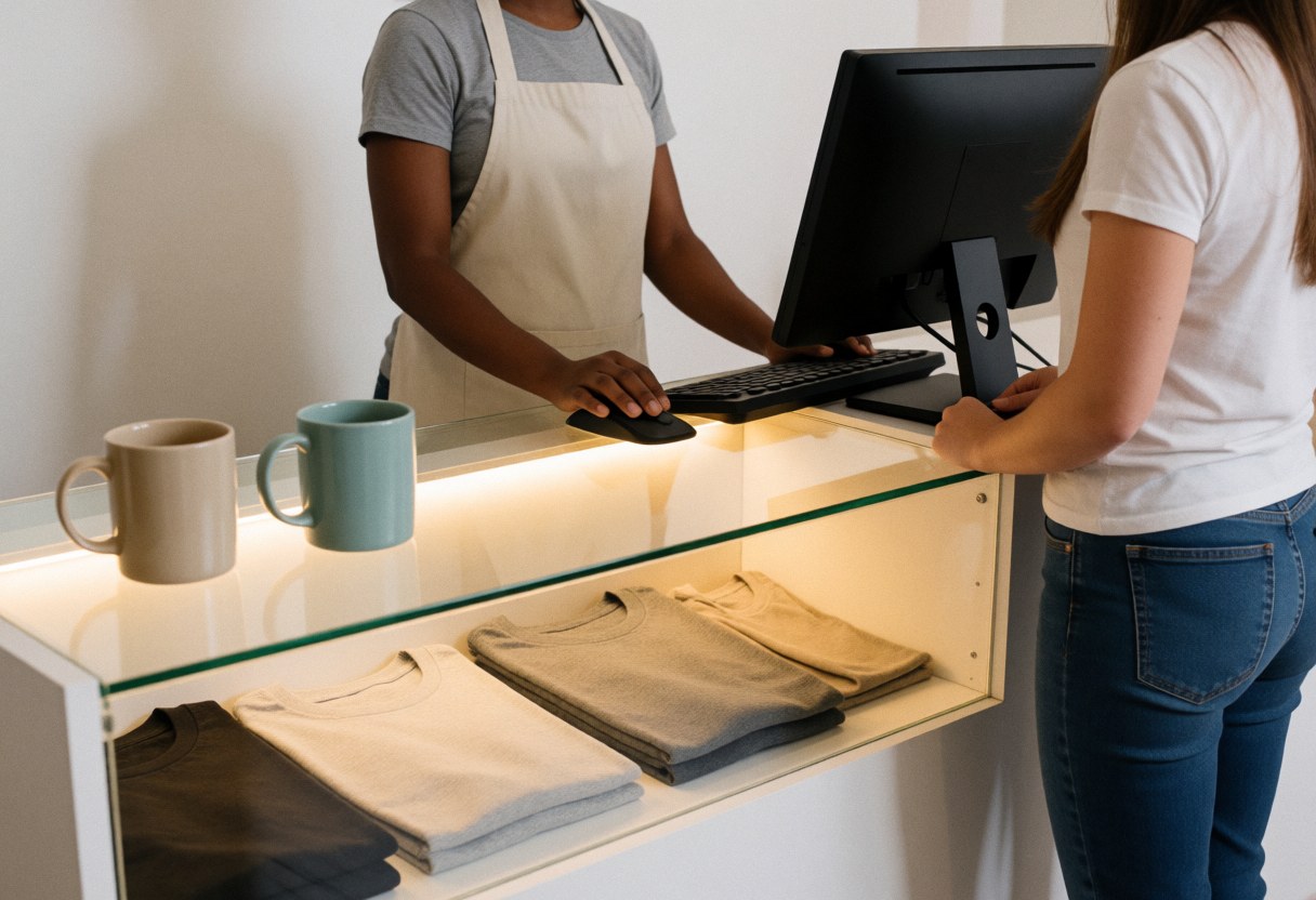 Saleswoman in apron assisting customer at counter with t-shirts and mugs. Warm lighting and white walls in clothing store interior.