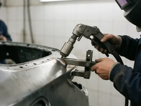 Close-up of a welder using a tool in a workshop with protective gear and polished metal against a blurred background