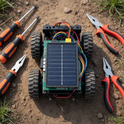 Compact wheeled solar robot surrounded by screwdrivers and pliers on a dirt and grass surface