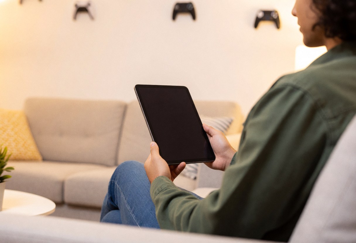 Person sitting on a sofa using a tablet in a warm, professional waiting room with gaming decor on the walls.