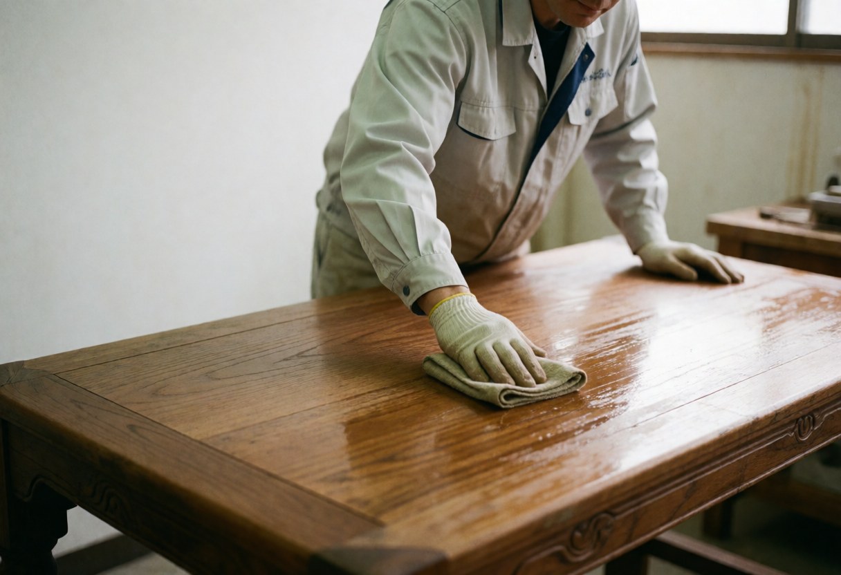Carpenter wearing gloves polishing a wooden table with a cloth in a workshop with natural light, showing the shiny finish of the furniture.