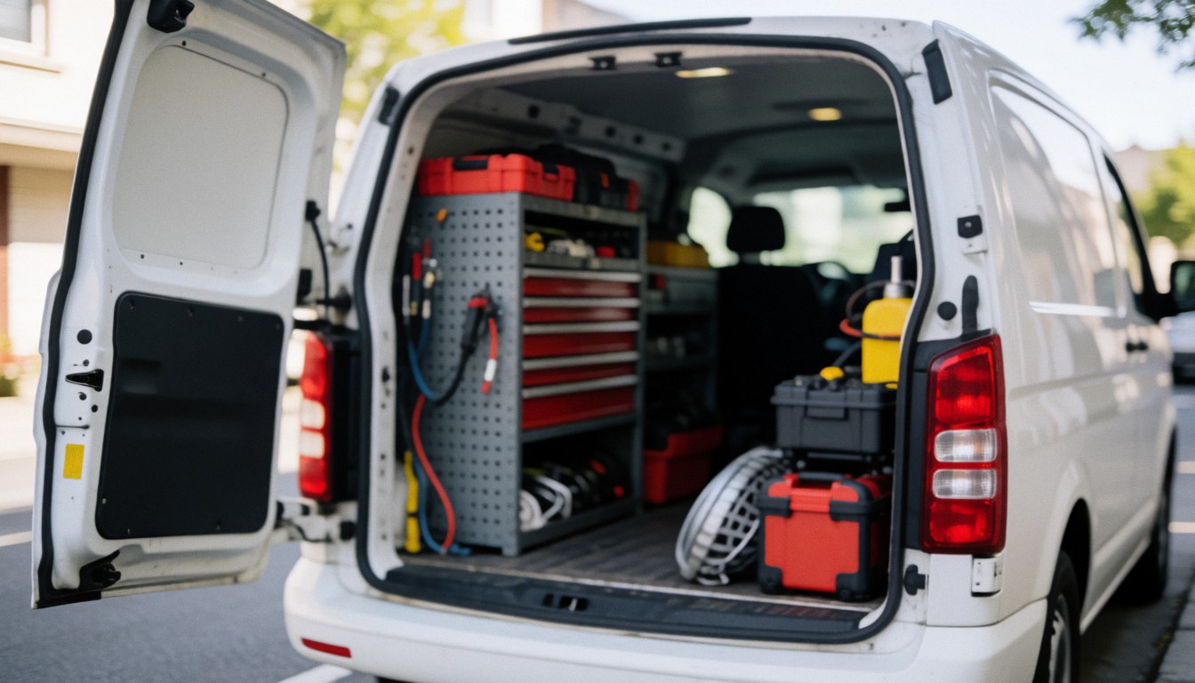 White work van equipped with repair tools, red box, pipes, and organized shelves on a blurred background suitable for business text overlays