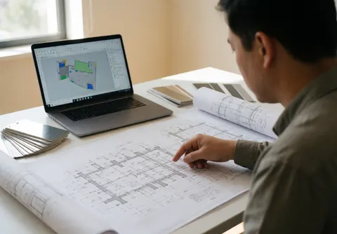 Professional reviewing construction plans with laptop and finish samples on a tidy desk with natural light
