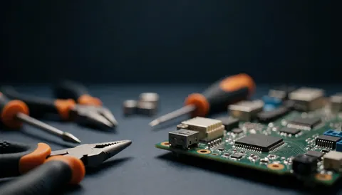 Close-up of a circuit board and repair tools on a dark background, suitable for technical service websites
