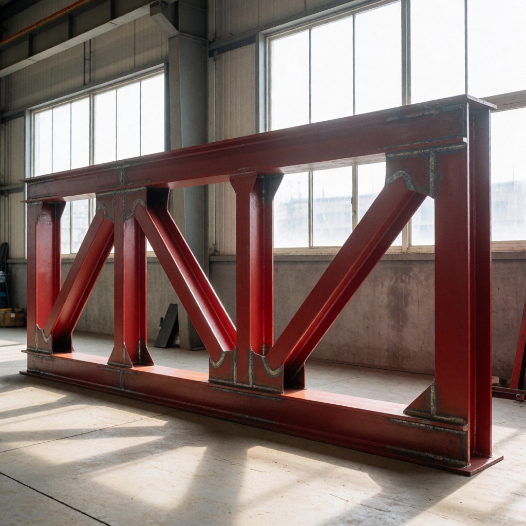 Red painted welded steel structure in an industrial workshop with natural light showing manufacturing quality