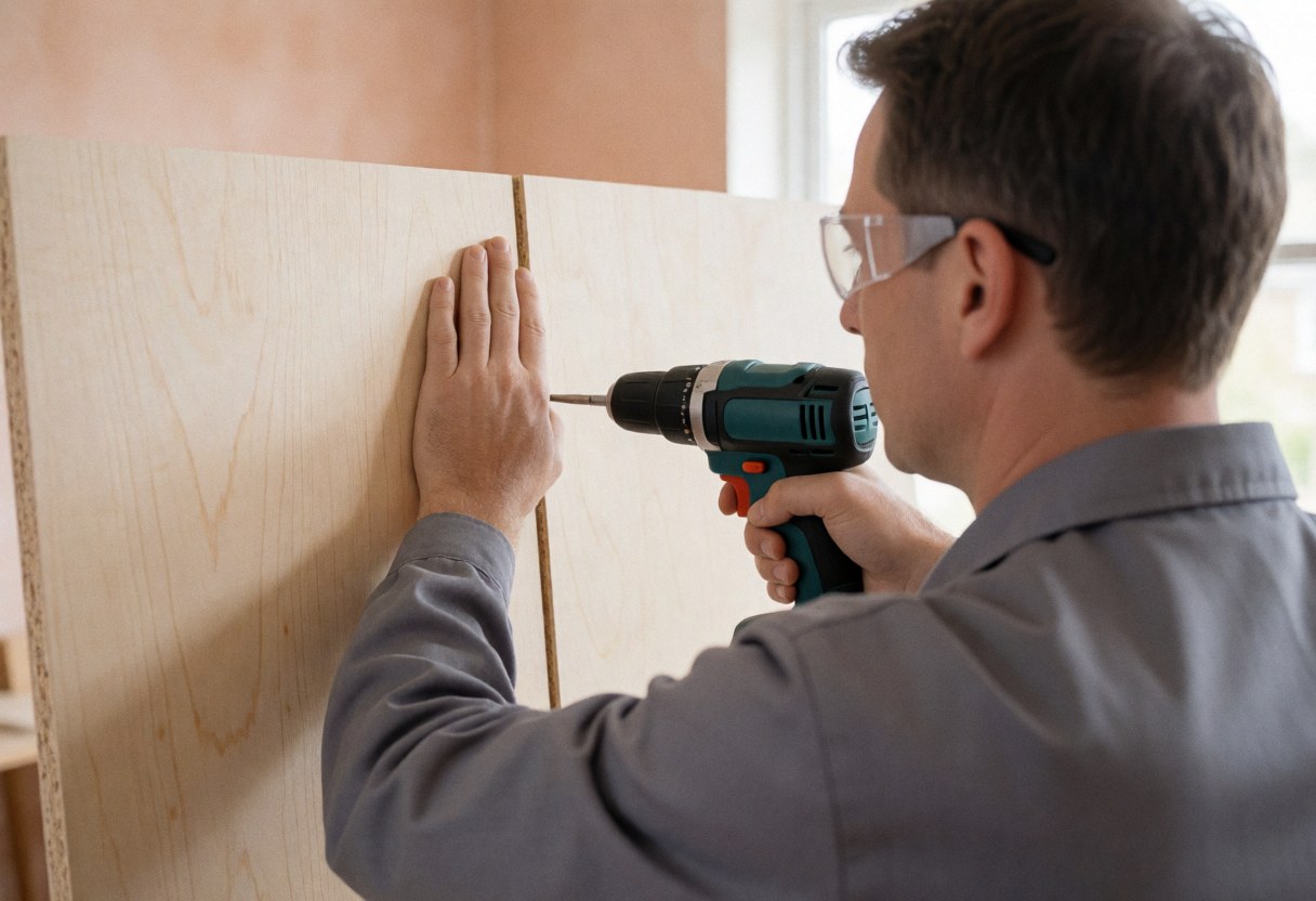 Worker in gray uniform using an electric drill to connect wooden panels while wearing safety glasses and ear protection in an office with terracotta walls.