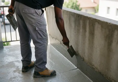 Technician applying gray waterproofing compound to a concrete balcony joint using a trowel in natural daylight.