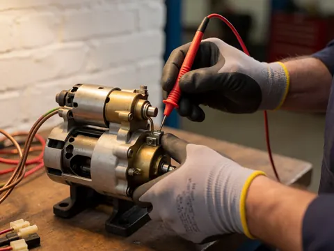 Close-up of a mechanic using a multimeter to test a motorcycle engine terminal on a workbench with a white brick wall background