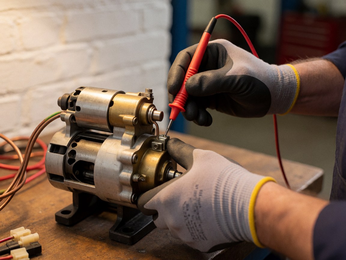 Close-up of a mechanic using a multimeter to test a motorcycle engine terminal on a workbench with a white brick wall background