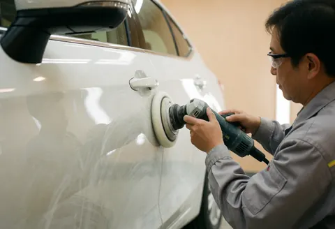 Professional in gray uniform and safety glasses polishing a white car door with a dual-action polisher, showing bright reflections and polished marks against a beige wall.