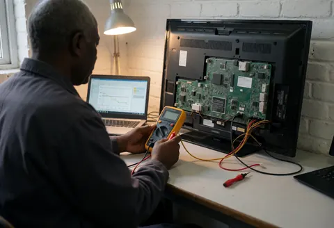 Technician inspects a television using a multimeter and laptop in a workshop with white brick walls and warm lighting.