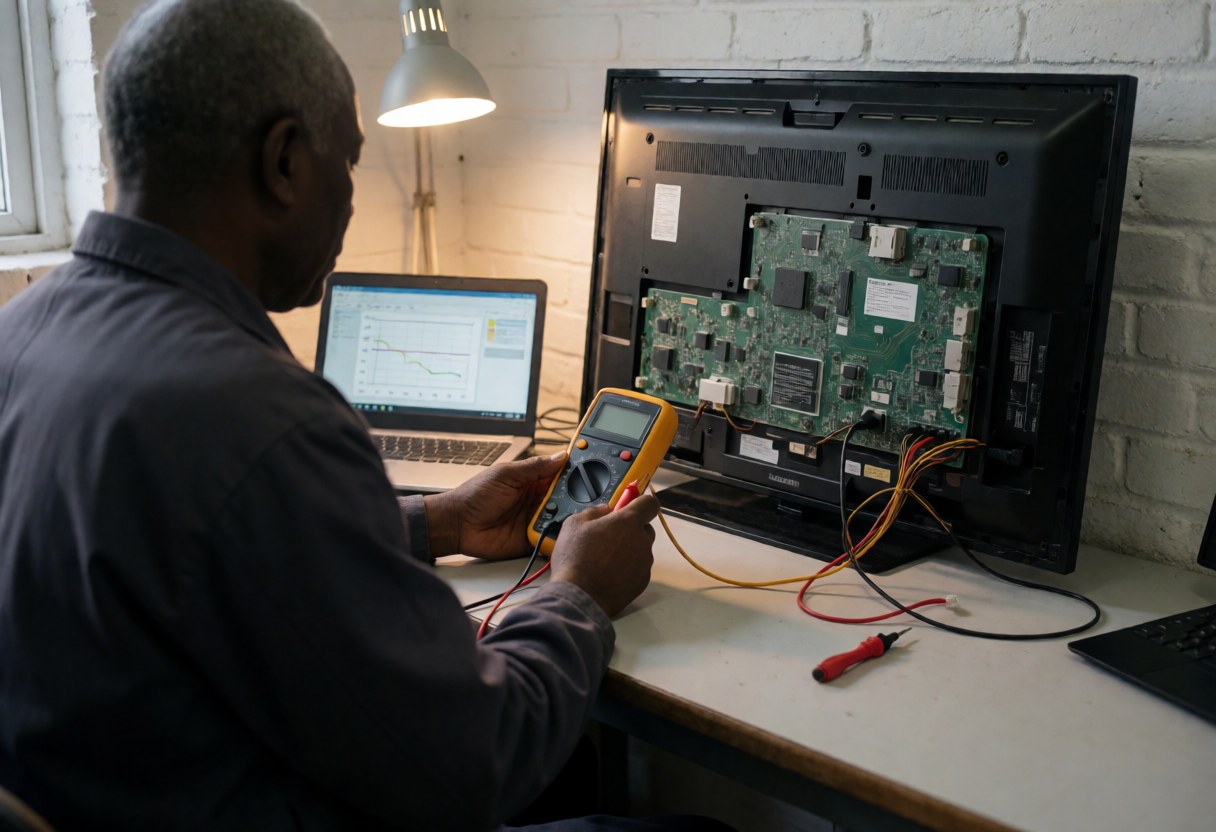 Technician inspects a television using a multimeter and laptop in a workshop with white brick walls and warm lighting.