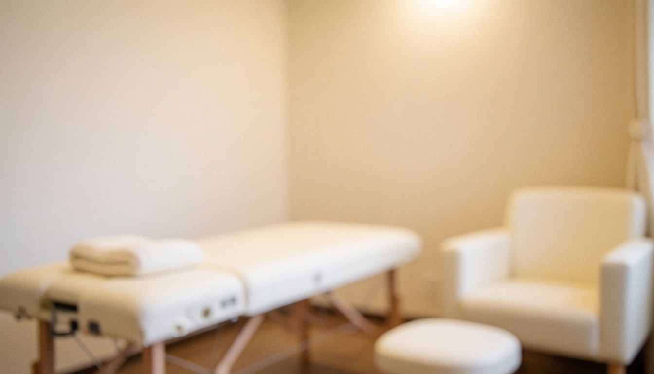 White massage bed with chair and cushion in beige therapy room with warm lighting and blurred background for text overlay