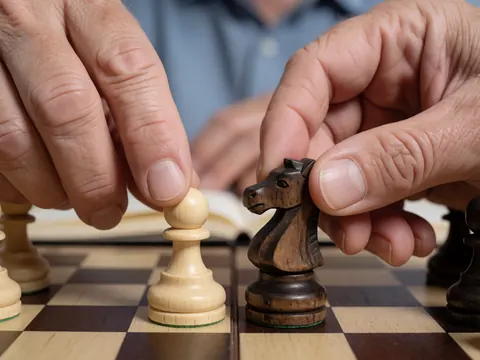 Close-up of adult hands moving a white pawn and a black knight on a chessboard, highlighting the wood texture and piece contact