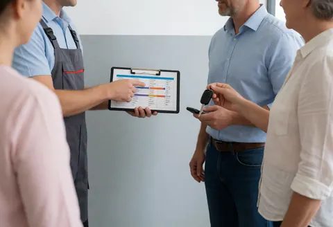 Technician in workshop explaining battery options to customer holding a car key, with guide on clipboard, light gray wall and natural light.