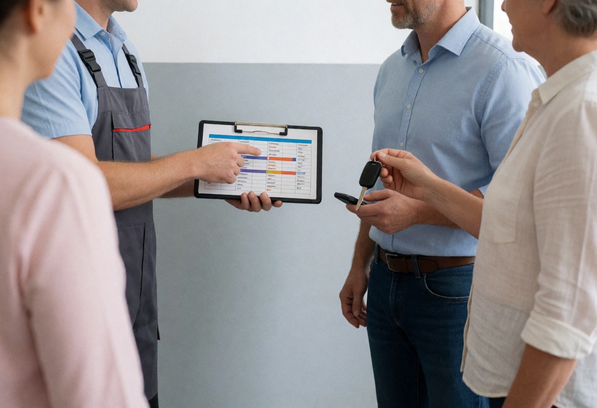 Technician in workshop explaining battery options to customer holding a car key, with guide on clipboard, light gray wall and natural light.