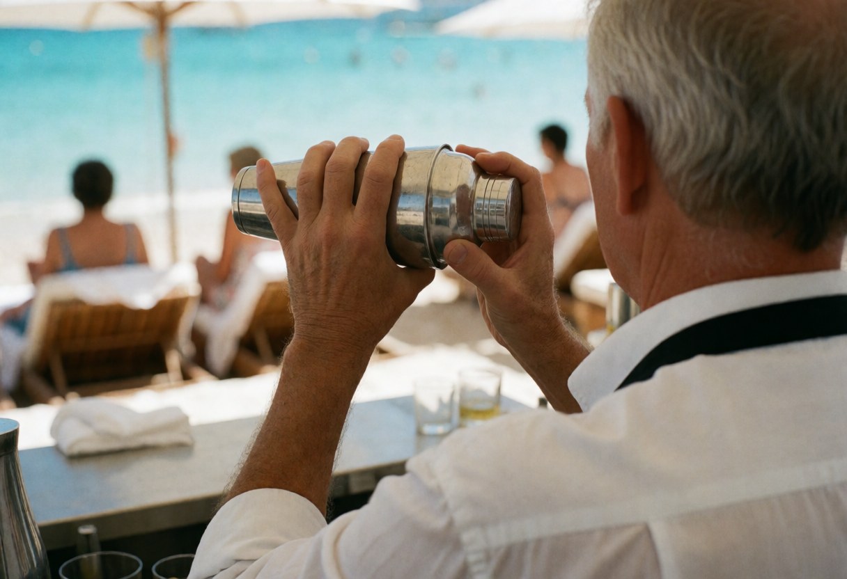 Bartender shaking cocktail shaker at beach, back view, hands and tool visible, blurred background with water and chairs