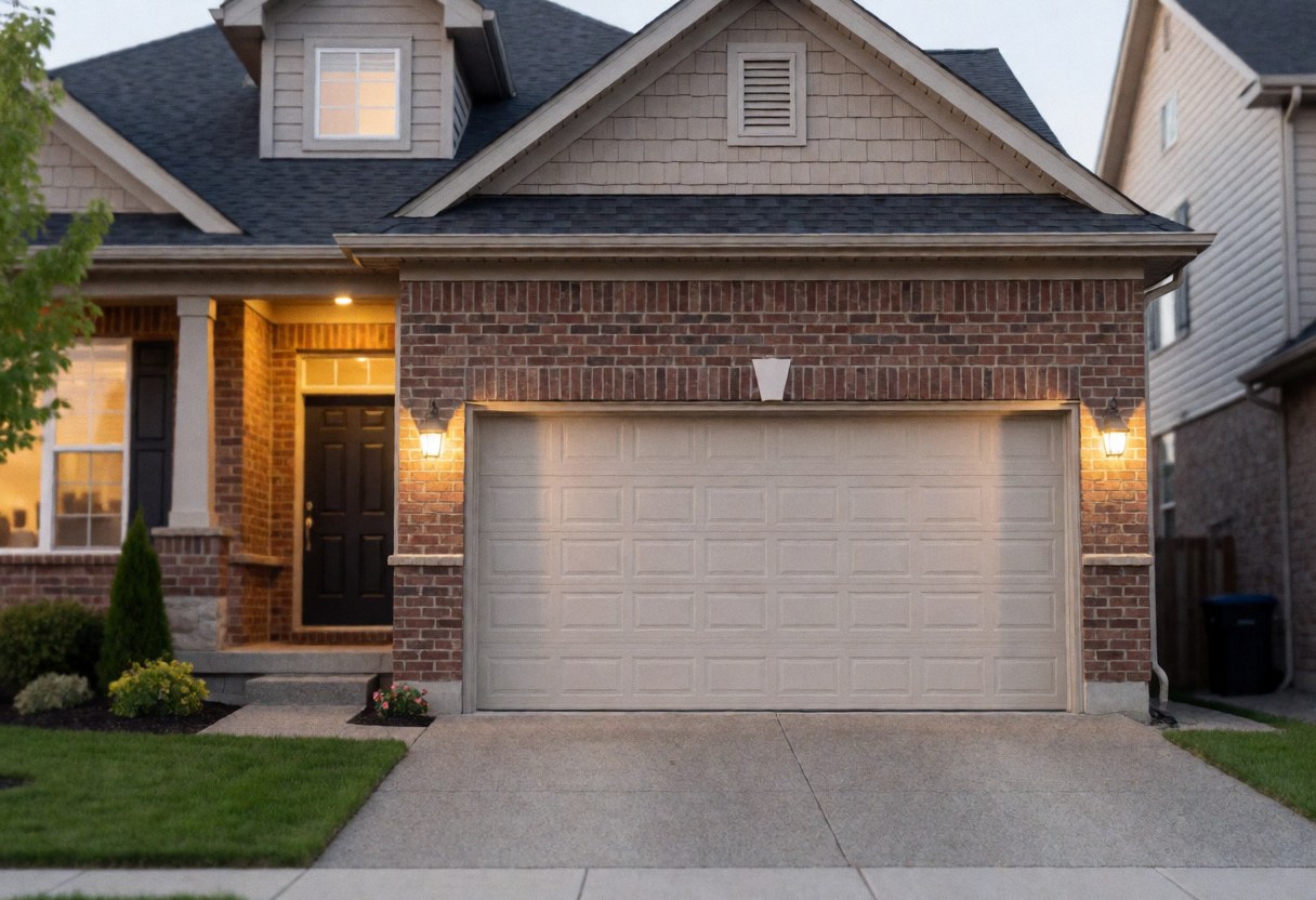 Residential house with closed beige garage door, brick facade, warm entrance lighting, and well-maintained garden.
