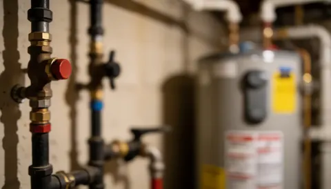 Out of focus basement interior featuring exposed plumbing pipes and a water heater, serving as a background for plumbing service text overlays