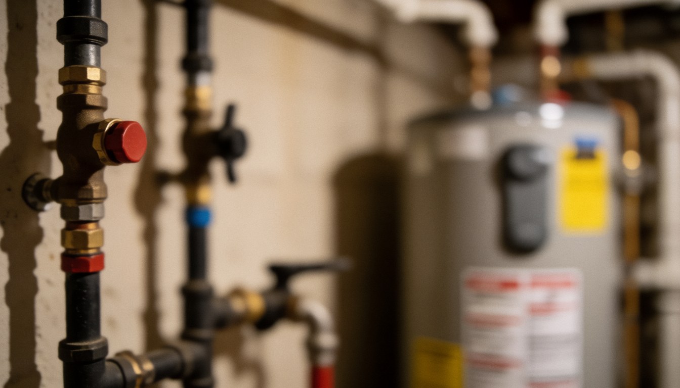 Out of focus basement interior featuring exposed plumbing pipes and a water heater, serving as a background for plumbing service text overlays